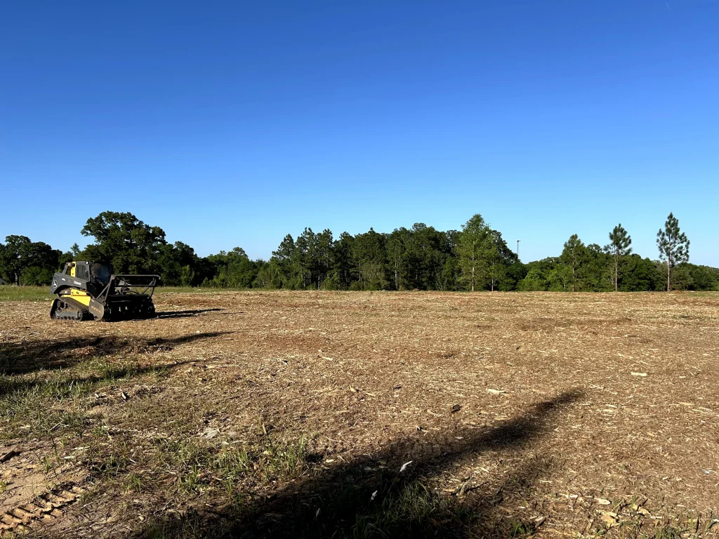 Skid steer forestry mulching machine clearing land in Mobile Alabama